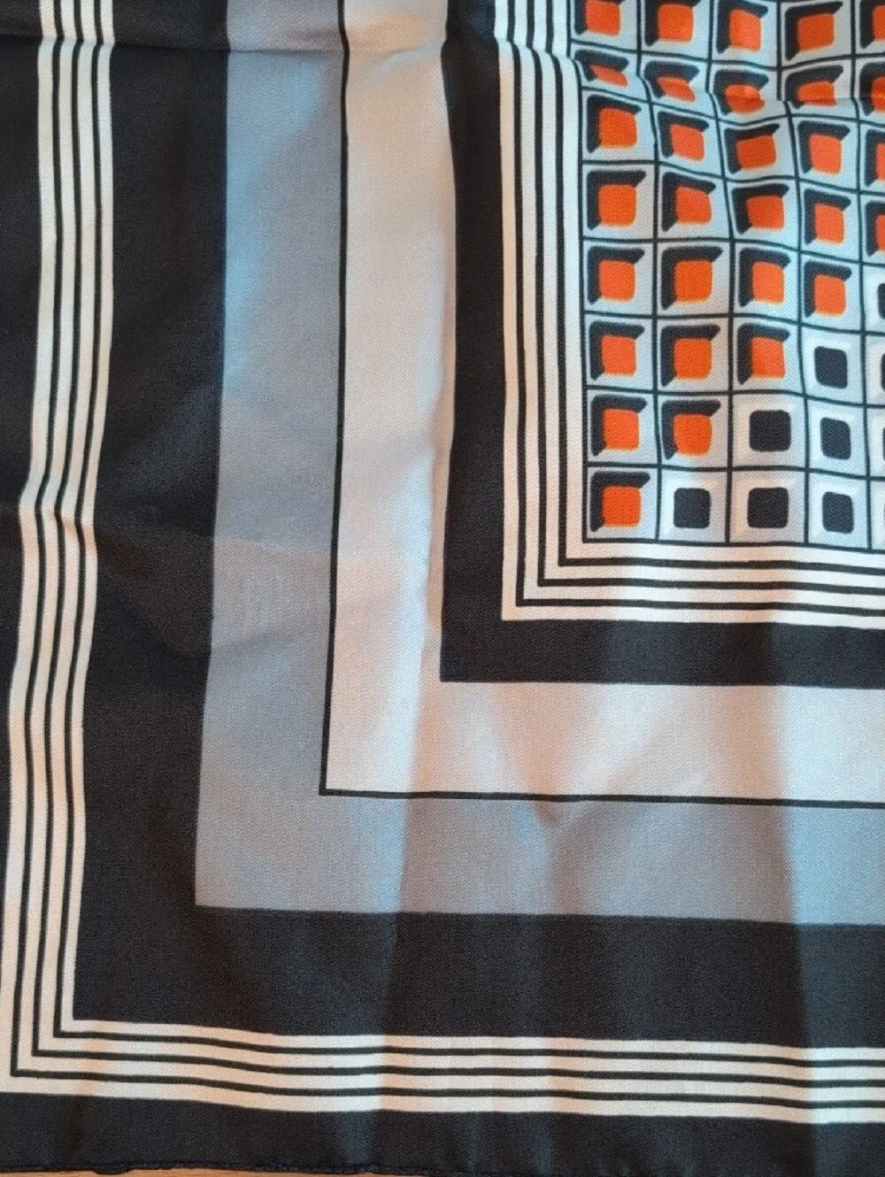 Vintage 1970's Geometric Pattern Silk Scarf in Black, White, Silver & Orange